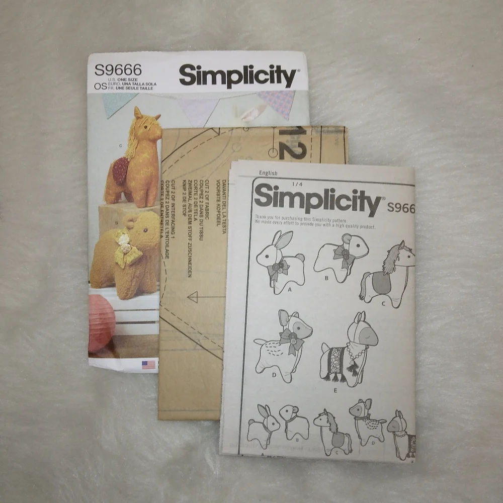 Simplicity 9666 Plush Animal Dolls Bunny Bear Pony Deer Alpaca